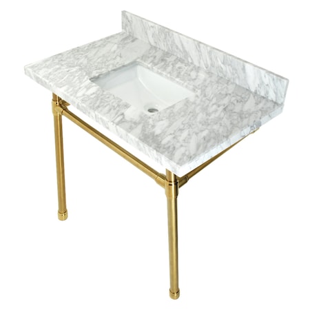 Fauceture KVPB36M8SQ7ST 36" Carrara Marble Vanity Top with Stainless Steel Legs, Marble White/Brushed Brass KVPB36M8SQ7ST